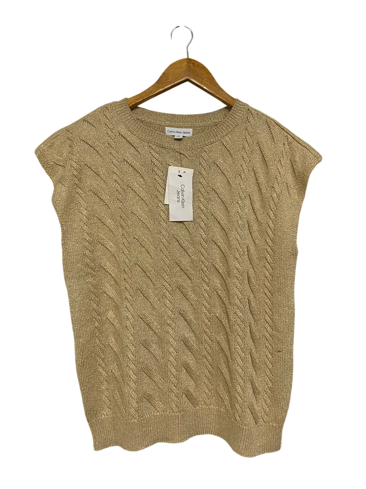 CALVIN KLEIN JEANS |L| BUST 20| A44| GOLD METALLIC CABLE-KNIT UTILITY VEST