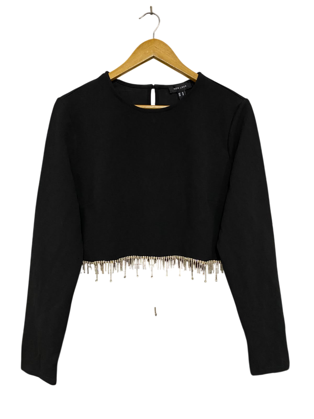 NEW LOOK |L| BUST 21| A44| BLACK RHINESTONE-FRINGE CROPPED UTILITY TOP