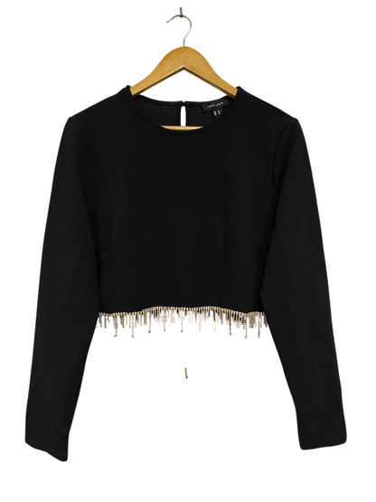 NEW LOOK |L| BUST 21| A44| BLACK RHINESTONE-FRINGE CROPPED UTILITY TOP
