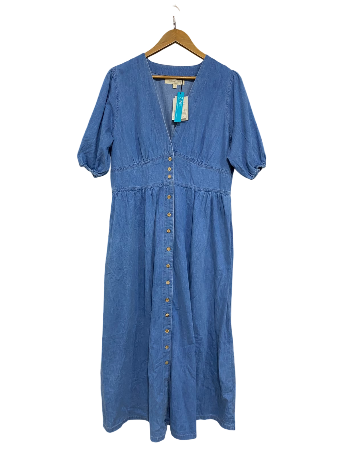 NIBODYS CHILD |L| BUST 21| A44| BLUE DENIM V-NECK BUTTON-FRONT MIDI UTILITY DRESS