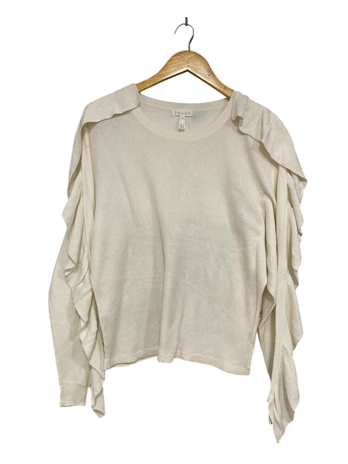 LEITH |S| BUST 20| A44| CREAM RUFFLE-SLEEVE TECHNICAL KNIT UTILITY SWEATER