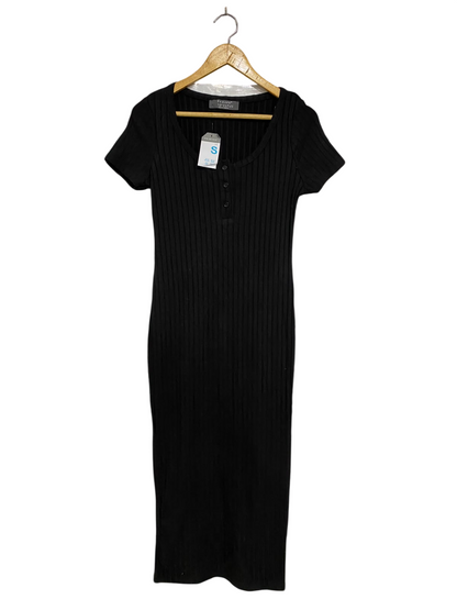 PRIMARK |S| BUST 16| A44| BLACK RIBBED SHORT-SLEEVE BUTTON-PLACKET MIDI UTILITY DRESS