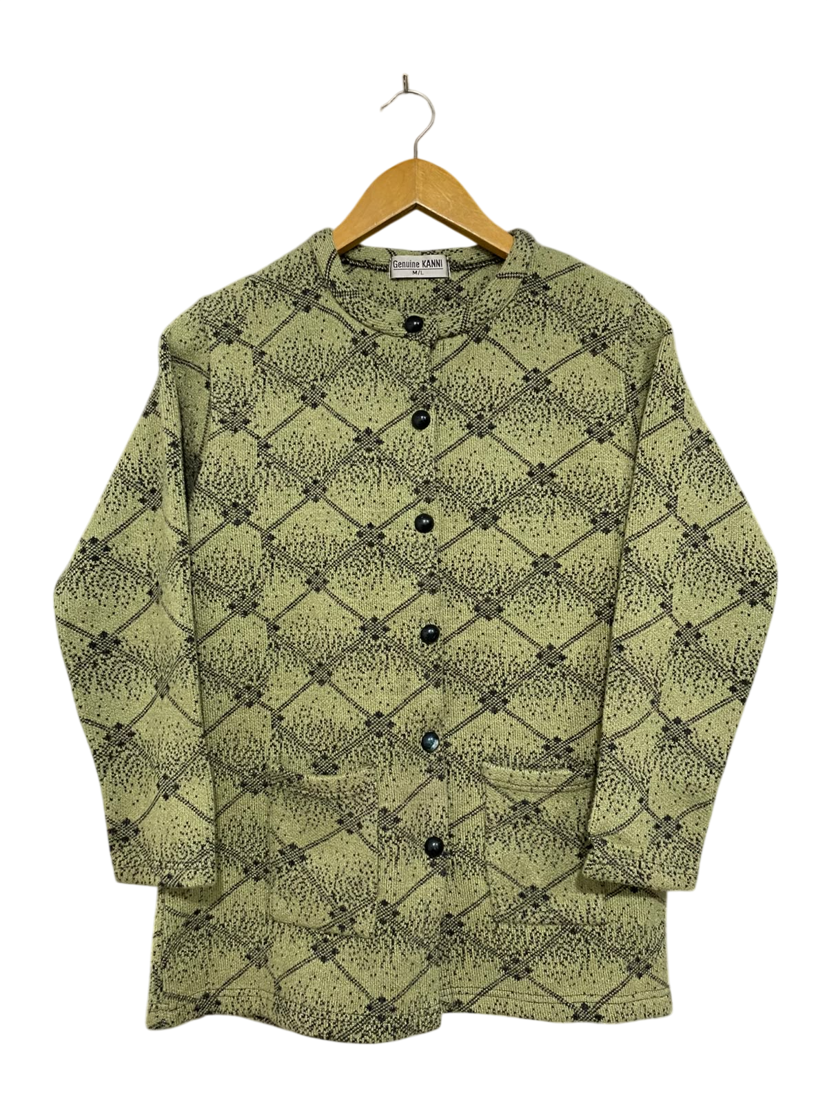 GENUINE KANNI |M/L| BUST 18| A44| OLIVE & BLACK PATTERNED KNIT UTILITY CARDIGAN