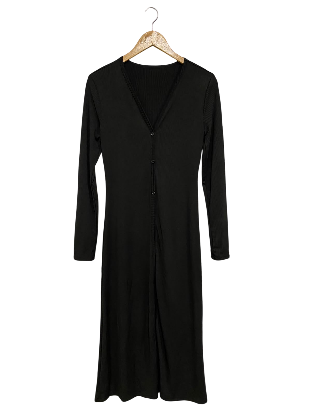 SHEIN |S| BUST 15| A44| BLACK RIBBED V-NECK BUTTON-FRONT MIDI UTILITY DRESS
