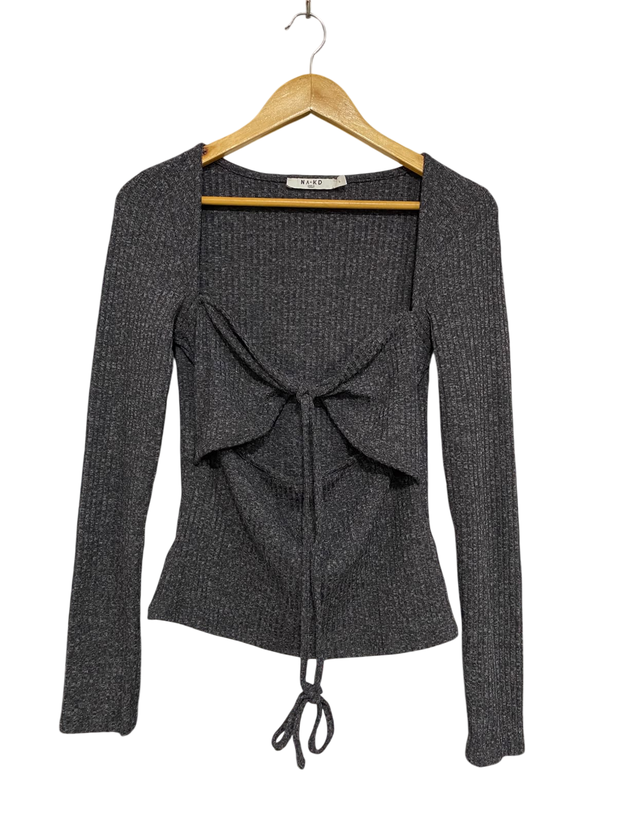 NA KD |L| BUST 15| A44| GREY RIBBED TIE-FRONT LONG-SLEEVE TOP
