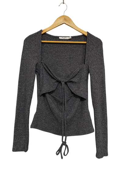 NA KD |L| BUST 15| A44| GREY RIBBED TIE-FRONT LONG-SLEEVE TOP