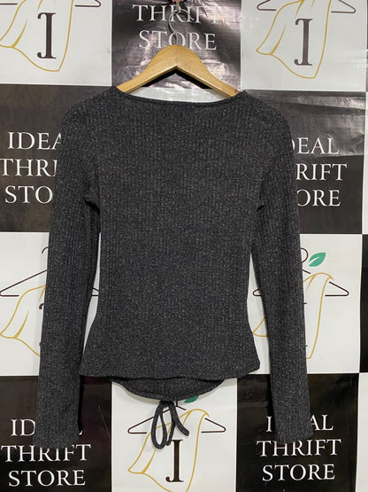 NA KD |L| BUST 15| A44| GREY RIBBED TIE-FRONT LONG-SLEEVE TOP