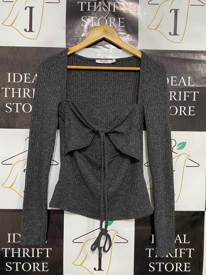 NA KD |L| BUST 15| A44| GREY RIBBED TIE-FRONT LONG-SLEEVE TOP