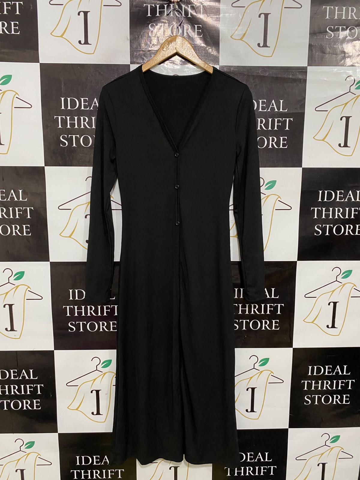 SHEIN |S| BUST 15| A44| BLACK RIBBED V-NECK BUTTON-FRONT MIDI UTILITY DRESS