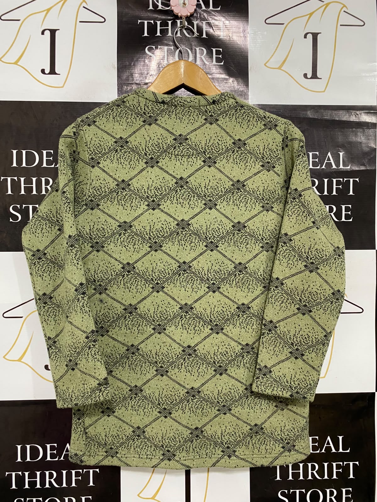 GENUINE KANNI |M/L| BUST 18| A44| OLIVE & BLACK PATTERNED KNIT UTILITY CARDIGAN