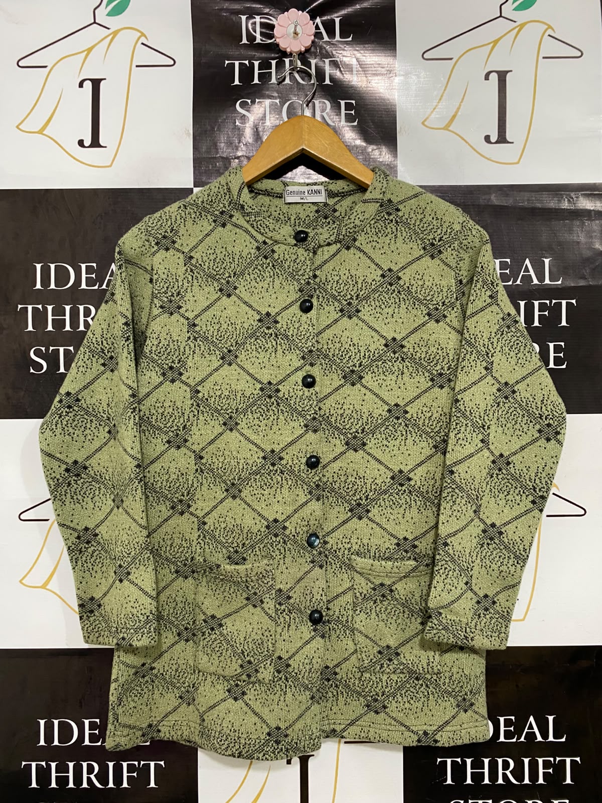 GENUINE KANNI |M/L| BUST 18| A44| OLIVE & BLACK PATTERNED KNIT UTILITY CARDIGAN