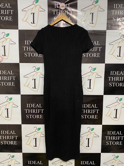 PRIMARK |S| BUST 16| A44| BLACK RIBBED SHORT-SLEEVE BUTTON-PLACKET MIDI UTILITY DRESS