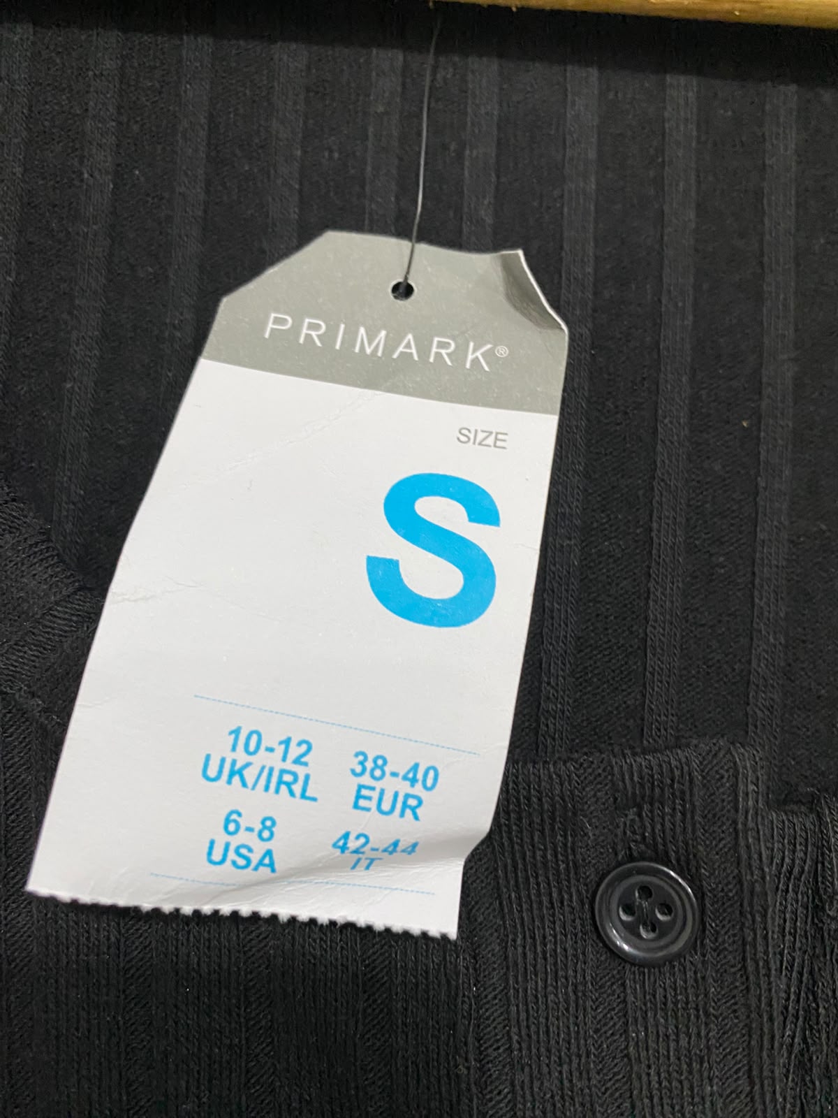 PRIMARK |S| BUST 16| A44| BLACK RIBBED SHORT-SLEEVE BUTTON-PLACKET MIDI UTILITY DRESS