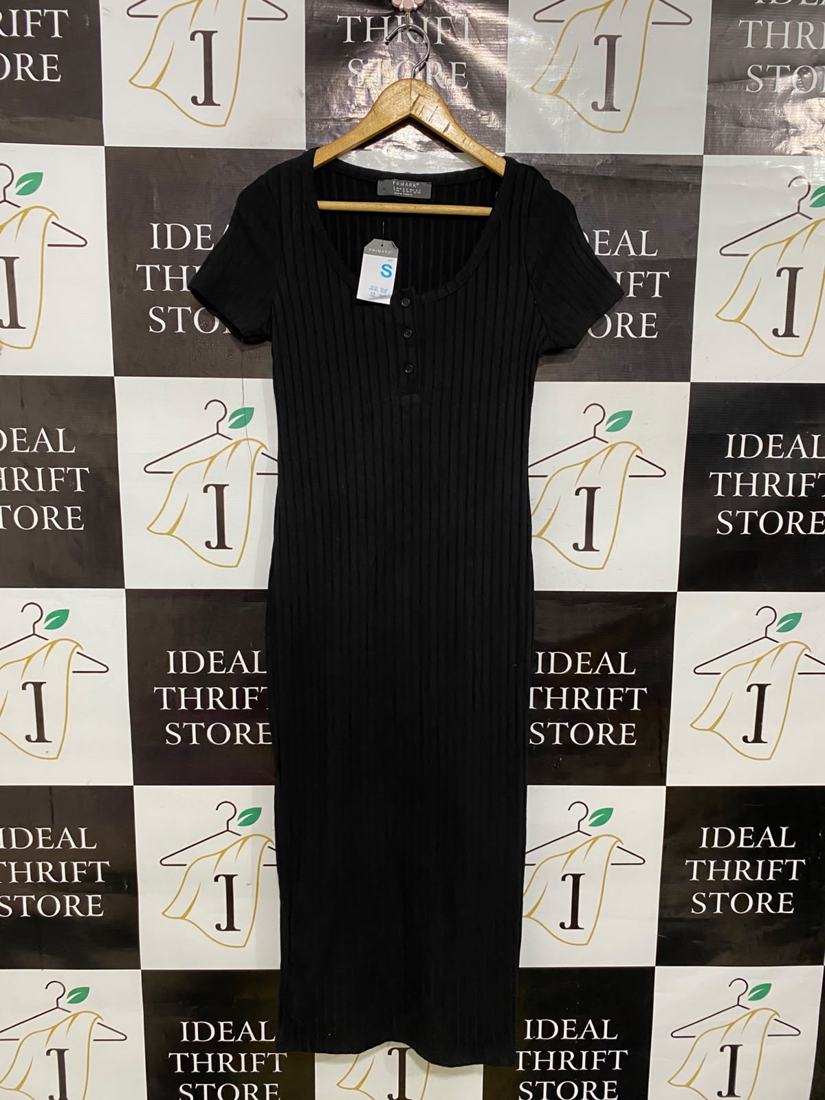 PRIMARK |S| BUST 16| A44| BLACK RIBBED SHORT-SLEEVE BUTTON-PLACKET MIDI UTILITY DRESS