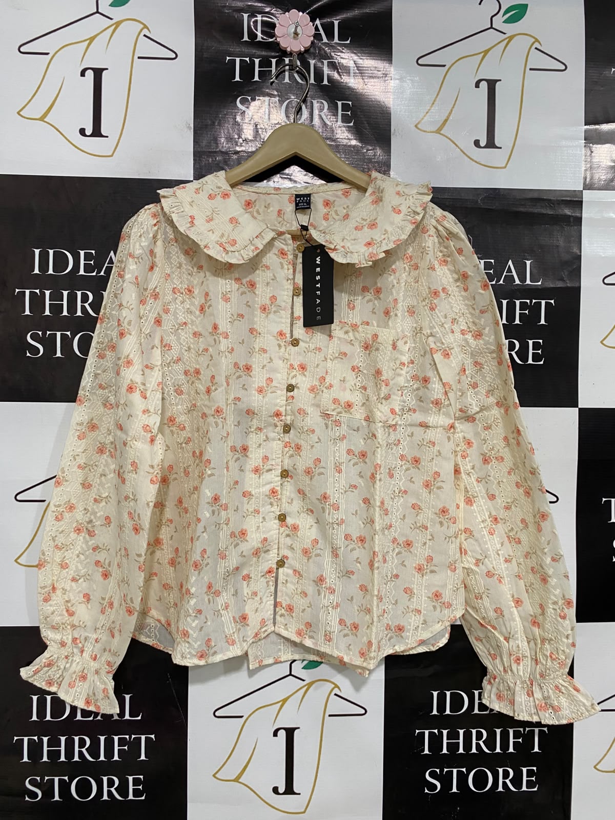 WEST FADE |XL| BUST 22| A44| FLORAL PRINT RUFFLED COLLAR UTILITY BLOUSE