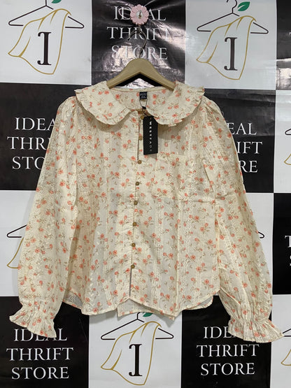WEST FADE |XL| BUST 22| A44| FLORAL PRINT RUFFLED COLLAR UTILITY BLOUSE