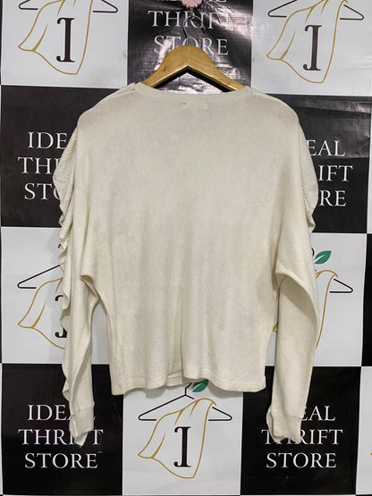LEITH |S| BUST 20| A44| CREAM RUFFLE-SLEEVE TECHNICAL KNIT UTILITY SWEATER