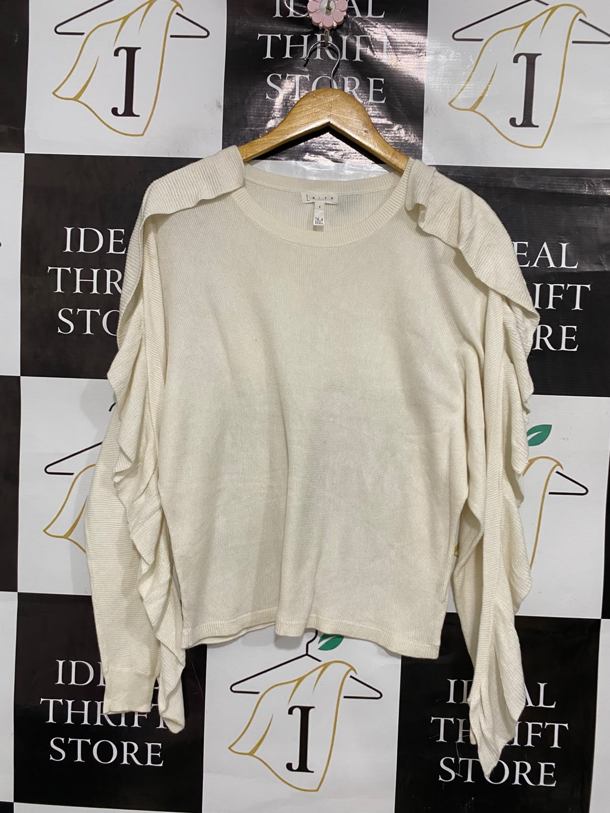 LEITH |S| BUST 20| A44| CREAM RUFFLE-SLEEVE TECHNICAL KNIT UTILITY SWEATER