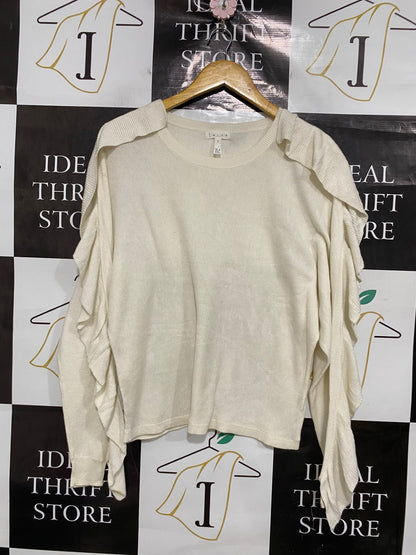 LEITH |S| BUST 20| A44| CREAM RUFFLE-SLEEVE TECHNICAL KNIT UTILITY SWEATER