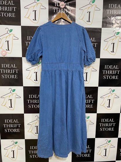 NIBODYS CHILD |L| BUST 21| A44| BLUE DENIM V-NECK BUTTON-FRONT MIDI UTILITY DRESS