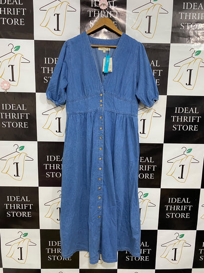 NIBODYS CHILD |L| BUST 21| A44| BLUE DENIM V-NECK BUTTON-FRONT MIDI UTILITY DRESS