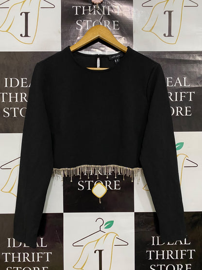 NEW LOOK |L| BUST 21| A44| BLACK RHINESTONE-FRINGE CROPPED UTILITY TOP