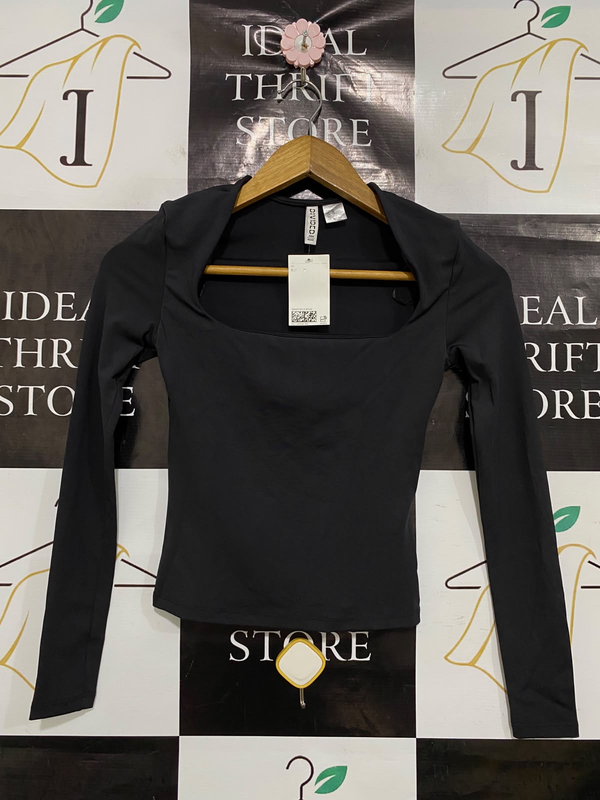 H&M |XS| BUST 13| A43| BLACK SQUARE-NECK LONG-SLEEVE UTILITY TOP