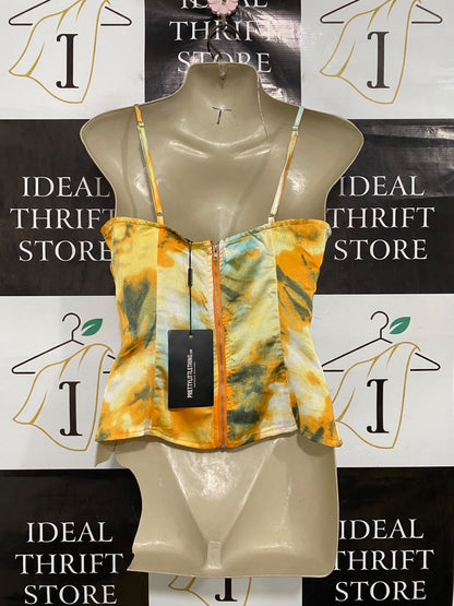 PRETTYLITTLE THING |M| BUST 16| A43| YELLOW TIE-DYE BUSTIER CORSET UTILITY TOP