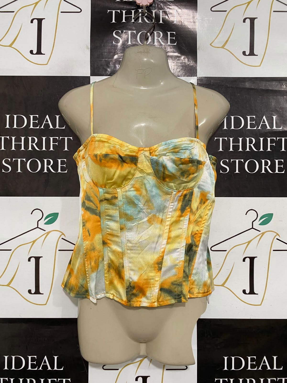 PRETTYLITTLE THING |M| BUST 16| A43| YELLOW TIE-DYE BUSTIER CORSET UTILITY TOP