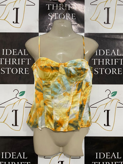 PRETTYLITTLE THING |M| BUST 16| A43| YELLOW TIE-DYE BUSTIER CORSET UTILITY TOP