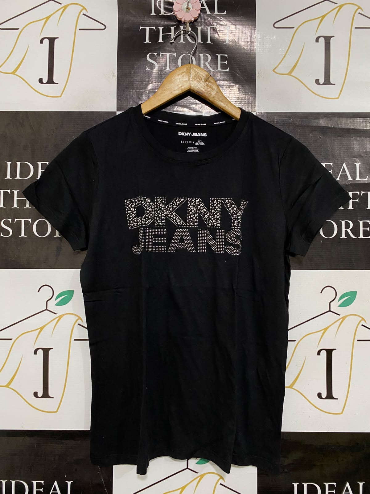 DKNY JEANS |S| BUST 18| A43| BLACK RHINESTONE-EMBOSSED UTILITY T-SHIRT