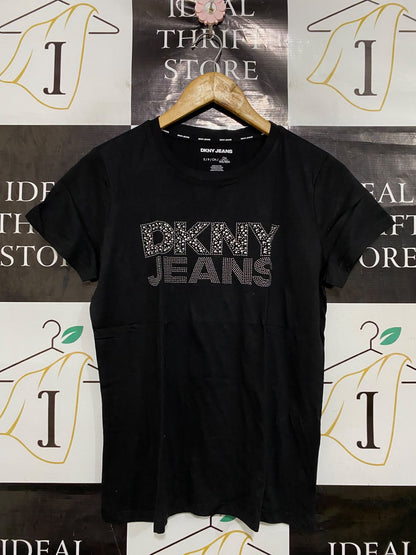 DKNY JEANS |S| BUST 18| A43| BLACK RHINESTONE-EMBOSSED UTILITY T-SHIRT