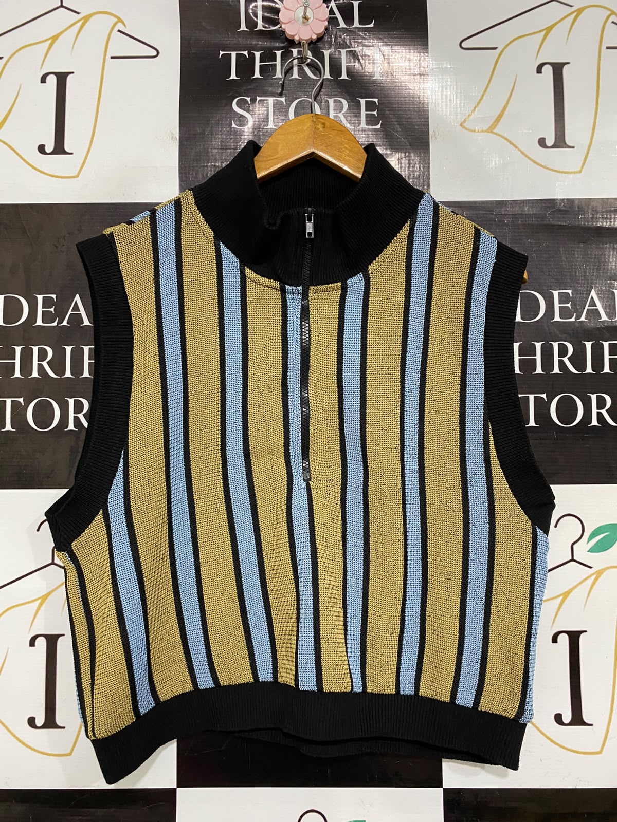 ZARA |L| BUST 21| A43| STRIPED METALLIC HALF-ZIP KNIT UTILITY VEST