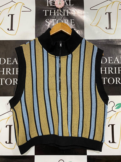 ZARA |L| BUST 21| A43| STRIPED METALLIC HALF-ZIP KNIT UTILITY VEST