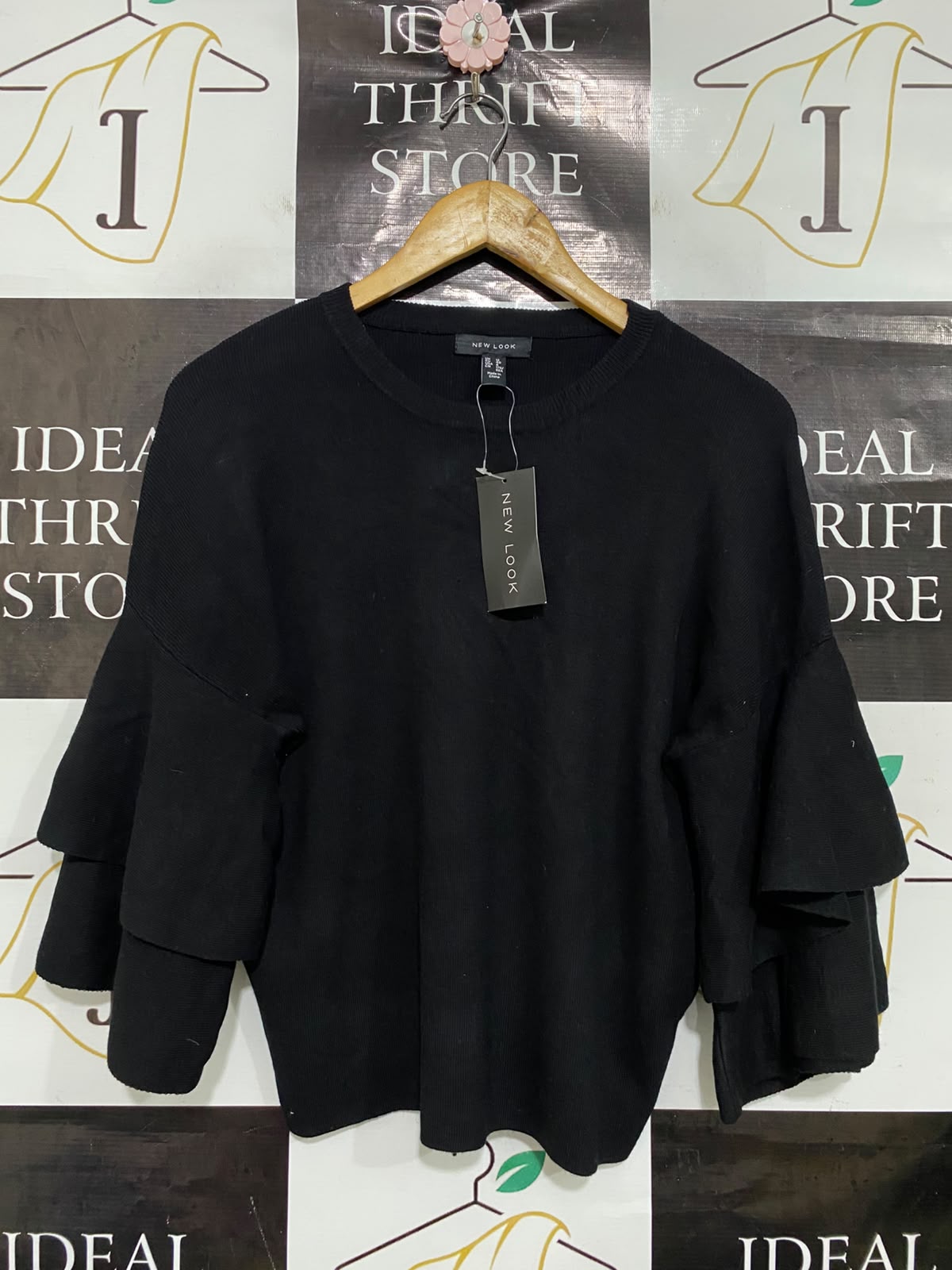NEW LOOK |M| BUST 21| A43| BLACK MULTI-TIERED RUFFLE-SLEEVE UTILITY SWEATER