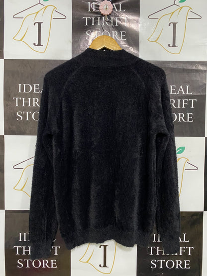 N EVERY DAY |L/XL| BUST 20| A43| BLACK FLUFFY RHINESTONE HEART-BUTTON UTILITY SWEATER