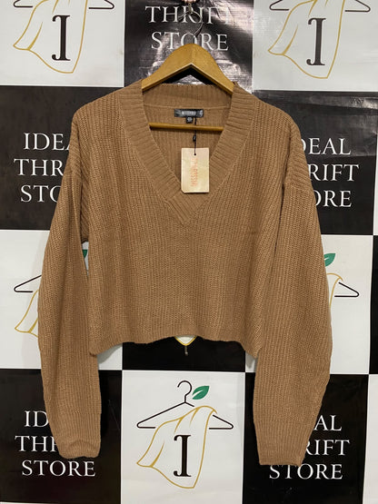 MISSGUIDED |S| BUST 23| A43| CAMEL V-NECK CROPPED KNIT UTILITY SWEATER