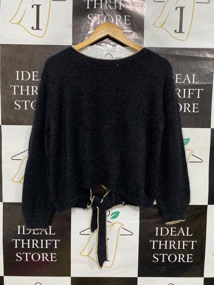 MISSKOO |M| BUST 22| A43| BLACK GOLD-TRIM WRAP-TIE KNIT UTILITY CARDIGAN