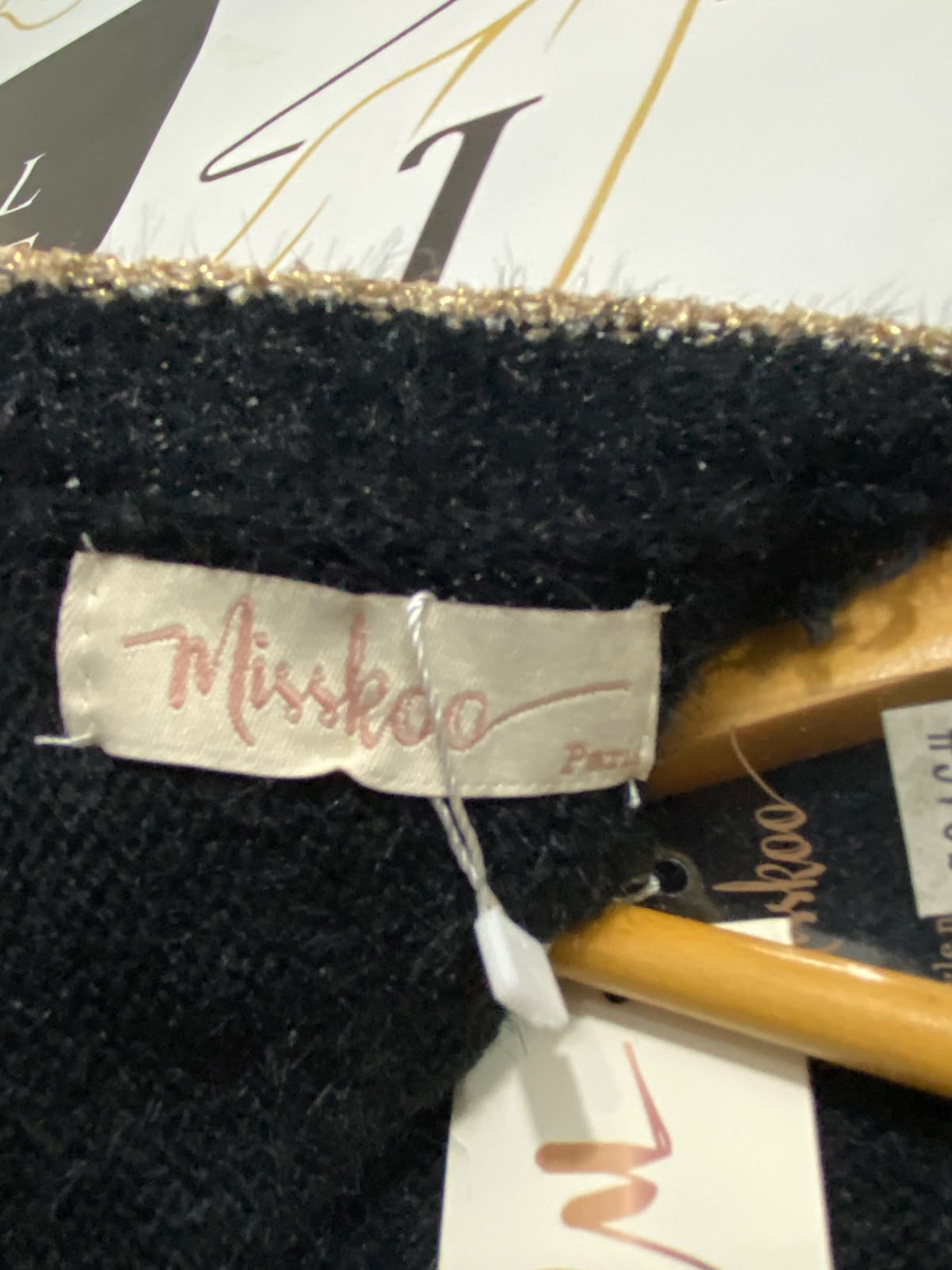 MISSKOO |M| BUST 22| A43| BLACK GOLD-TRIM WRAP-TIE KNIT UTILITY CARDIGAN