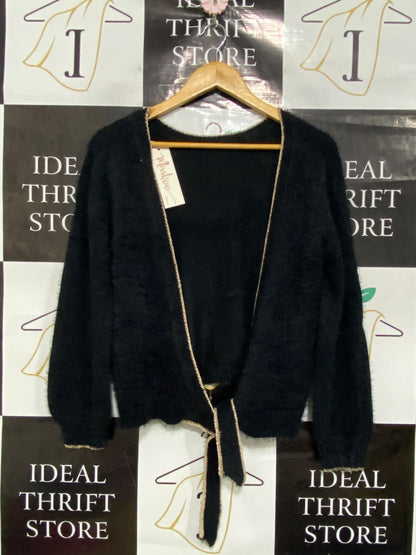MISSKOO |M| BUST 22| A43| BLACK GOLD-TRIM WRAP-TIE KNIT UTILITY CARDIGAN