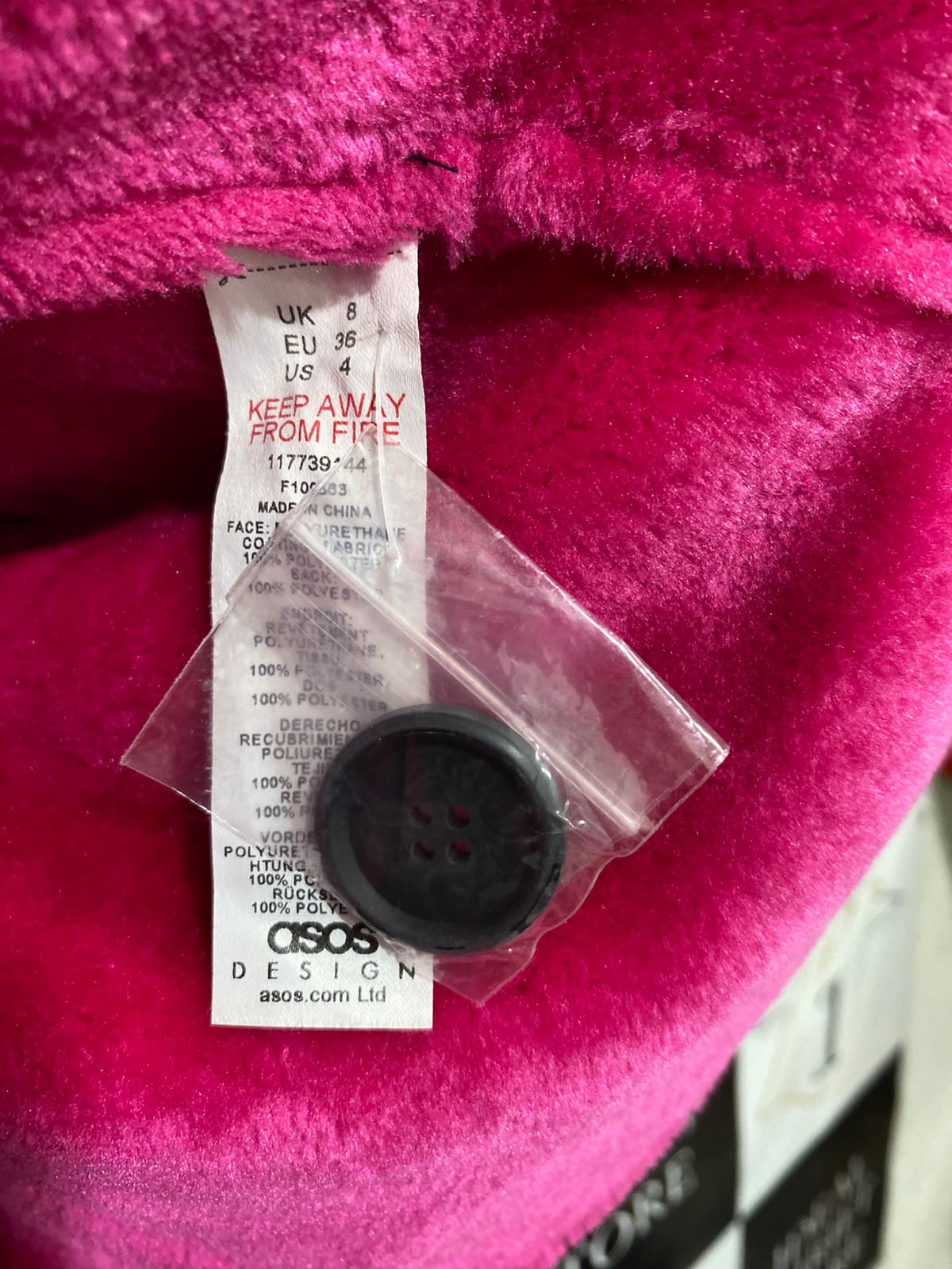 ASOS |S| BUST 24| A43| GLOSSY BLACK & HOT PINK FAUX-SHEARLING UTILITY JACKET