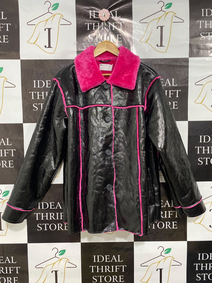 ASOS |S| BUST 24| A43| GLOSSY BLACK & HOT PINK FAUX-SHEARLING UTILITY JACKET