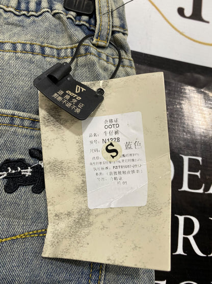 OOTD |M| WAIST 28| A43| LIGHT-WASH EMBROIDERED DOG-MOTIF STRAIGHT-LEG UTILITY DENIM JEANS