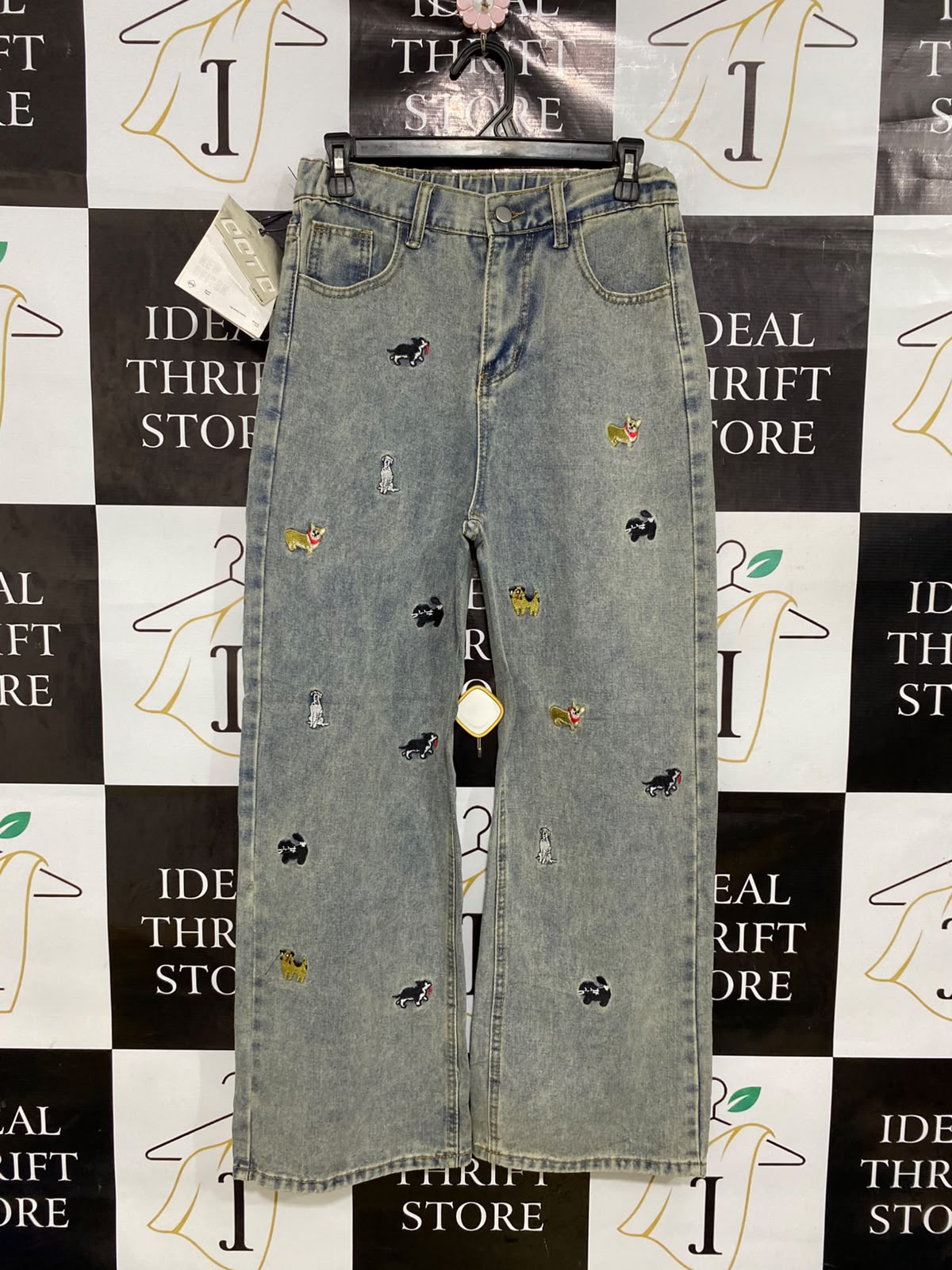 OOTD |M| WAIST 28| A43| LIGHT-WASH EMBROIDERED DOG-MOTIF STRAIGHT-LEG UTILITY DENIM JEANS