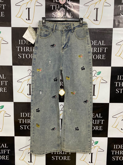 OOTD |M| WAIST 28| A43| LIGHT-WASH EMBROIDERED DOG-MOTIF STRAIGHT-LEG UTILITY DENIM JEANS