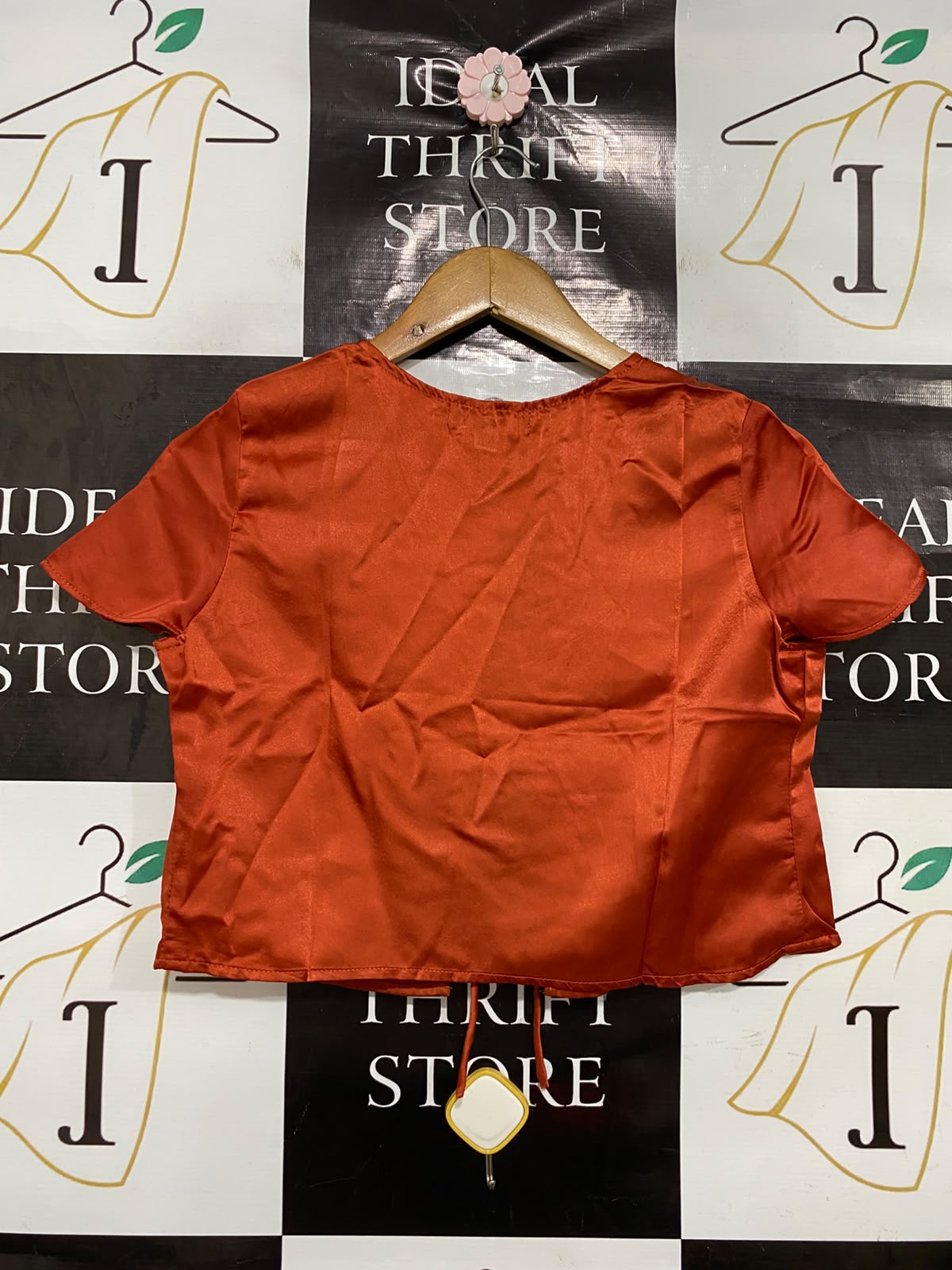 MOTEL |XS| BUST 17| A43| RUST ORANGE SATIN TIE-FRONT CROPPED UTILITY TOP