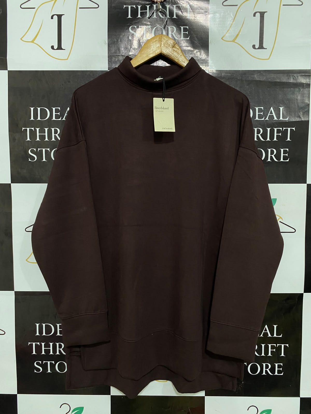 RIVER ISLAND |M| BUST 22| A43| DARK BROWN MOCK-NECK OVERSIZED UTILITY SWEATSHIRT