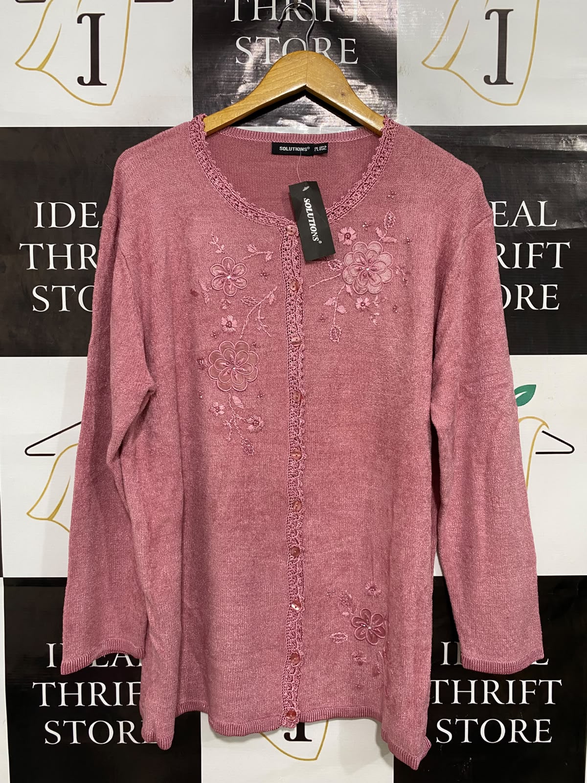 SOLUTIONS |XL| BUST 24| A43| DUSTY ROSE FLORAL EMBROIDERED KNIT CARDIGAN