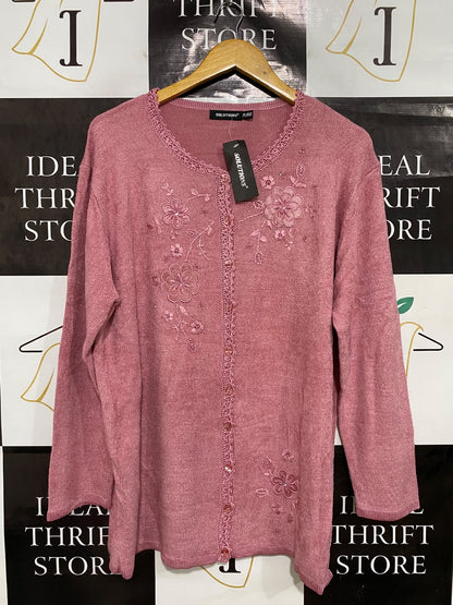 SOLUTIONS |XL| BUST 24| A43| DUSTY ROSE FLORAL EMBROIDERED KNIT CARDIGAN