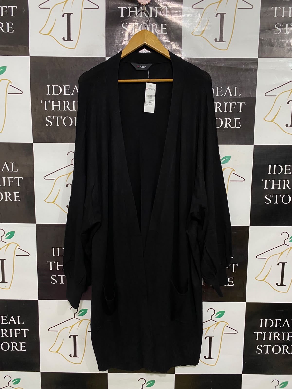 YOURS |XL| BUST 32| A43| BLACK OPEN-FRONT LONGLINE UTILITY CARDIGAN